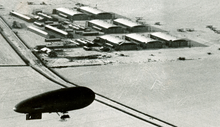 An airship from the Royal Naval Air Station Cranwell looks down on the Army's Royal Flying Corps airfield at Waddington in late 1917. Photo: Aviation Heritage Lincolnshire