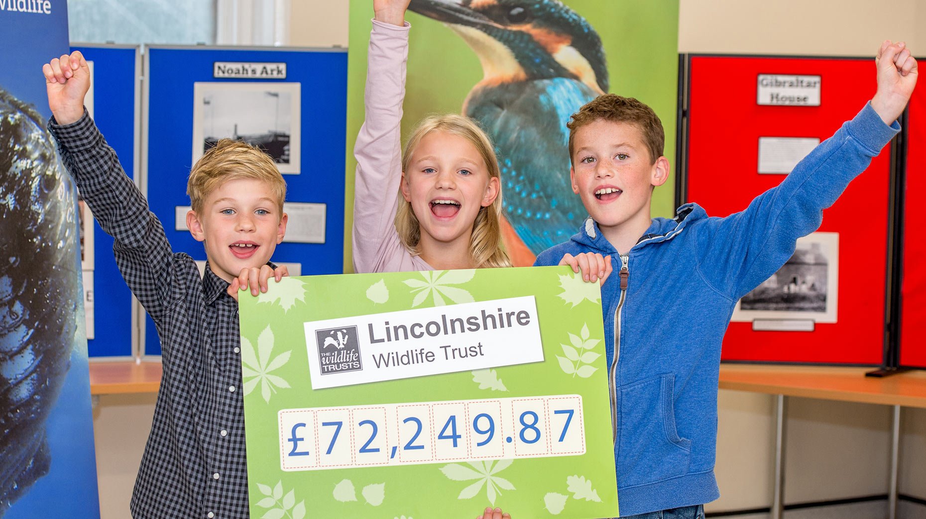 (L-R) Youngsters at Gibraltar Point Nature Reserve celebrate the £72,249 donation to the Lincolnshire Wildlife Trust. From left, George Wilson age 8, Rhianna Wilson age 10 and Jack Eastwell age 9.