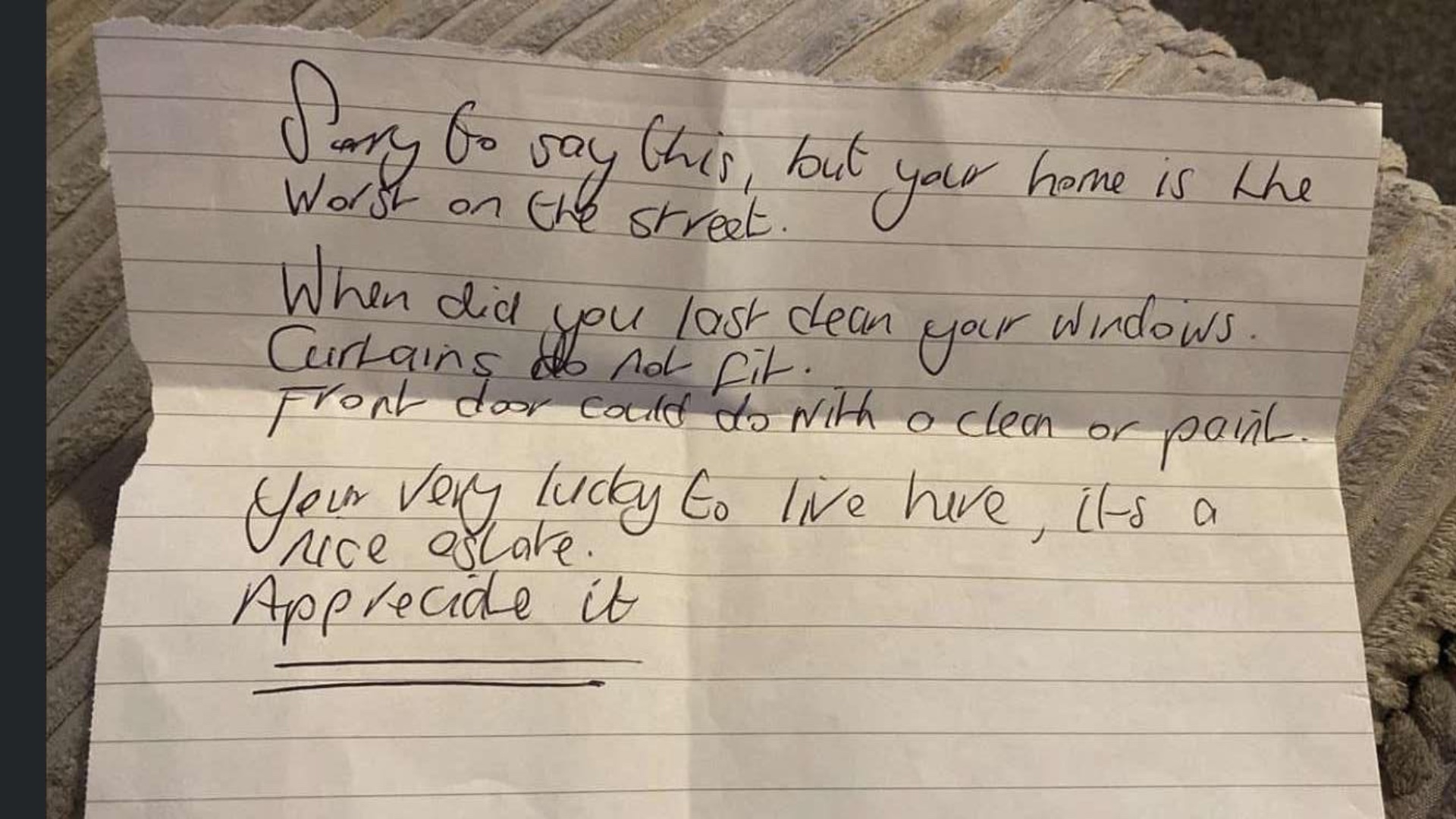 Snotty letter tells villager “you’re lucky to live here, appreciate it”